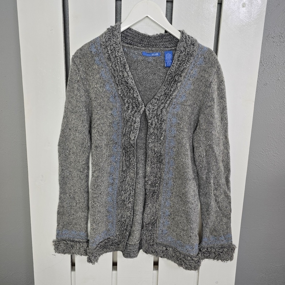 dELiA*s Y2K Cardigan Large Grey Embroidered Lizzie McGuire Quirky‎ Boho Eclectic